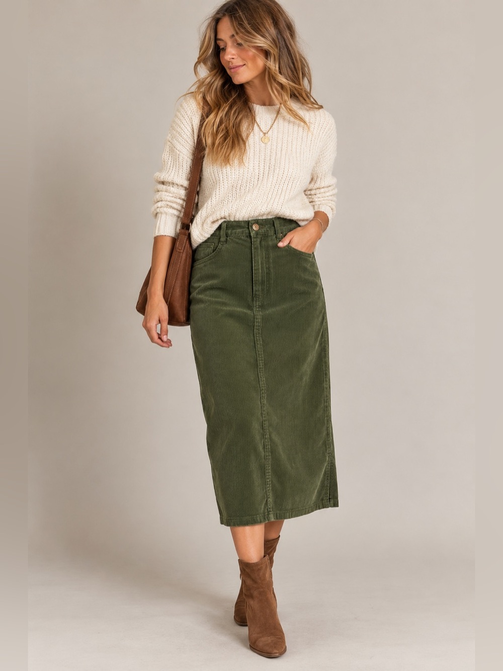 Christopher & Banks Pine Green Corduroy Midi Skirt